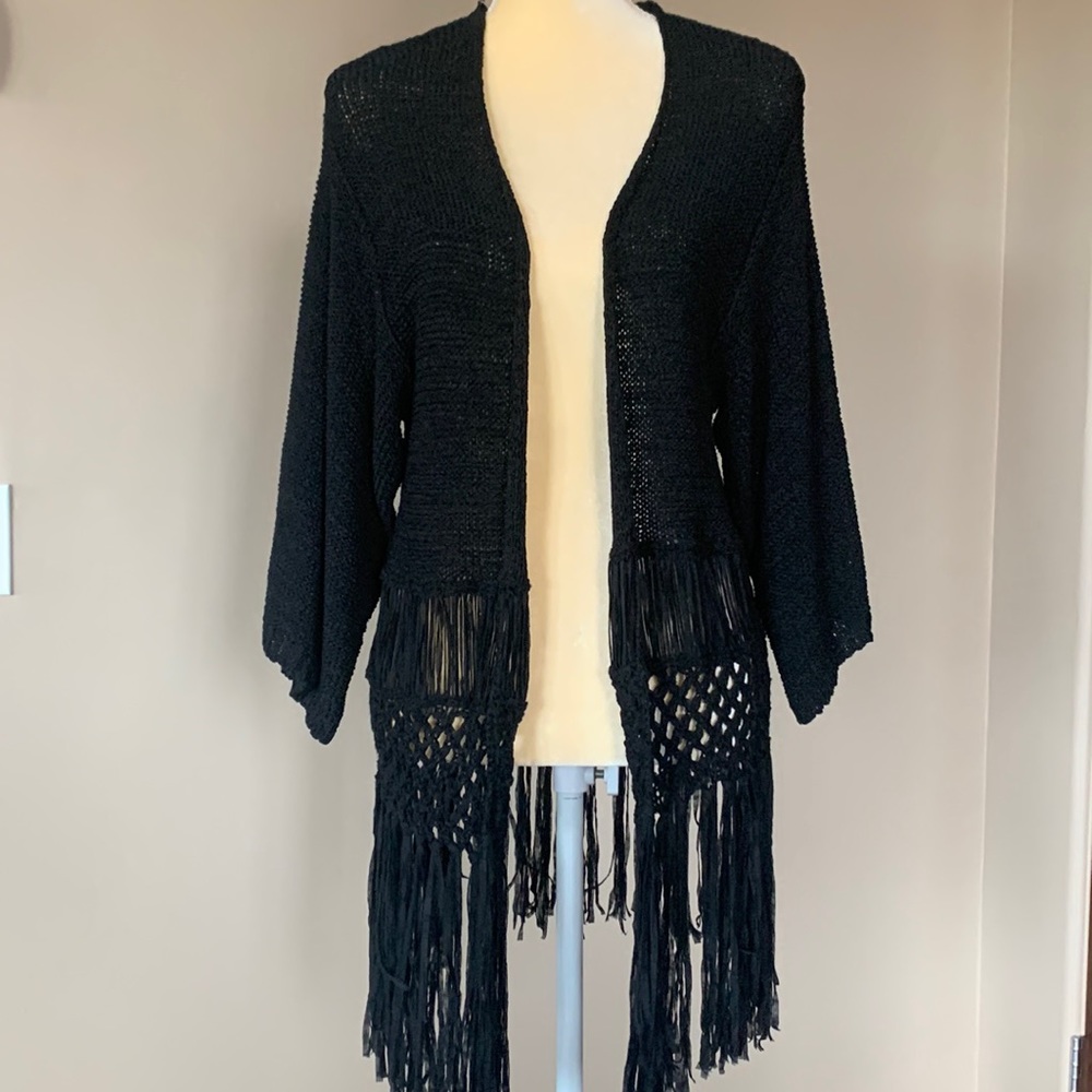 ny collection Cardigan Fringe Sweater Large NWOT Black